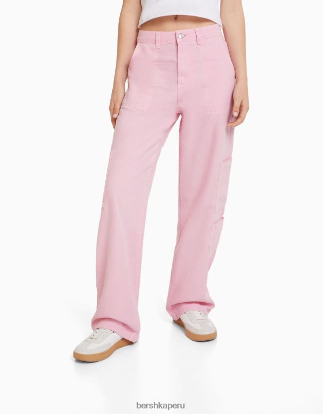 rosa Bershka mujer pantalones de carpintero holgados de lona 806J6B1319