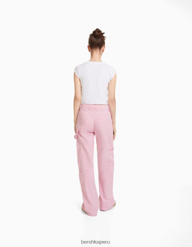 rosa Bershka mujer pantalones de carpintero holgados de lona 806J6B1319