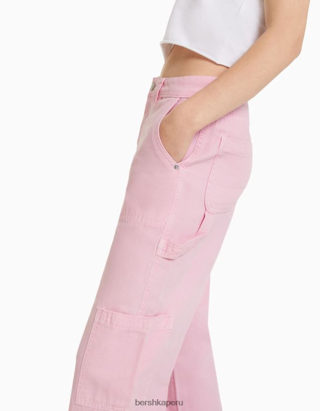 rosa Bershka mujer pantalones de carpintero holgados de lona 806J6B1319