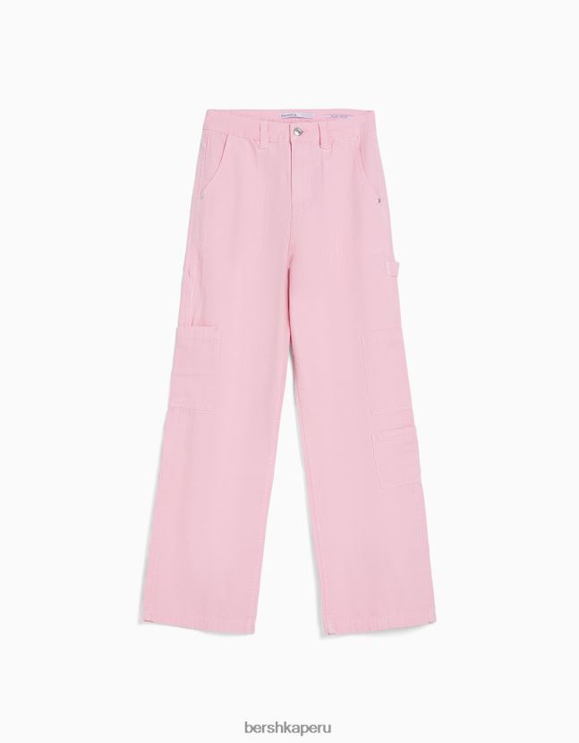 rosa Bershka mujer pantalones de carpintero holgados de lona 806J6B1319