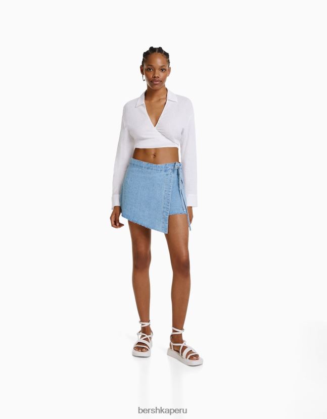 azul claro Bershka mujer falda pantalón vaquera con nudo lateral 806J6B1664
