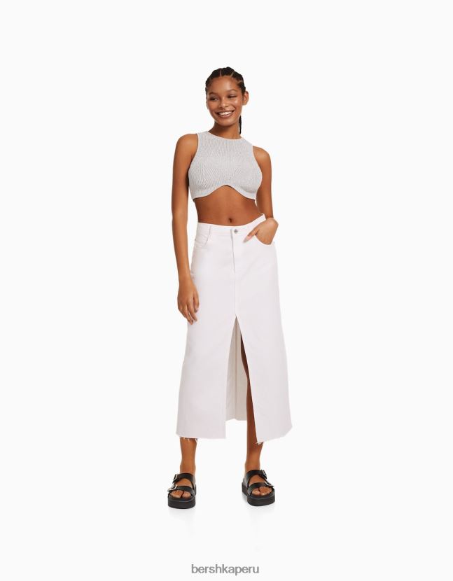 blanco Bershka mujer falda larga de sarga de algodón con abertura delantera 806J6B1618