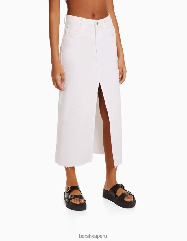 blanco Bershka mujer falda larga de sarga de algodón con abertura delantera 806J6B1618