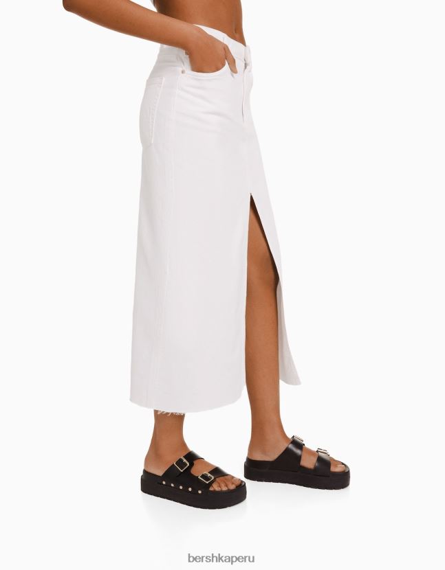 blanco Bershka mujer falda larga de sarga de algodón con abertura delantera 806J6B1618
