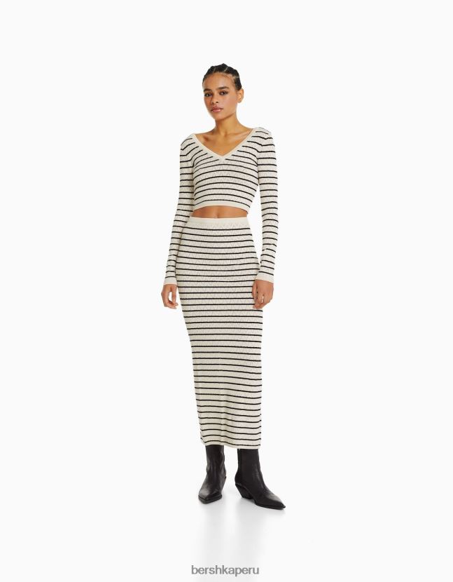 crema Bershka mujer falda larga de punto abierto a rayas 806J6B990