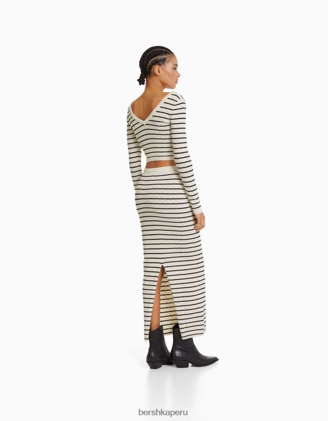 crema Bershka mujer falda larga de punto abierto a rayas 806J6B990