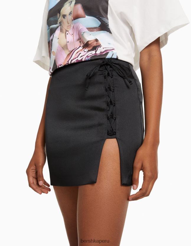 negro Bershka mujer minifalda de satén con cordones 806J6B1666