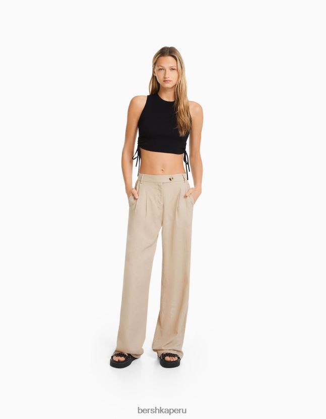 arena Bershka mujer Pantalón básico de pernera ancha en mezcla de lino con cinturilla elástica 806J6B1436