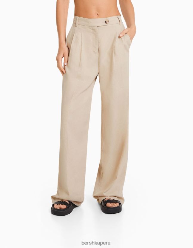 arena Bershka mujer Pantalón básico de pernera ancha en mezcla de lino con cinturilla elástica 806J6B1436