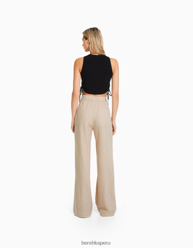 arena Bershka mujer Pantalón básico de pernera ancha en mezcla de lino con cinturilla elástica 806J6B1436