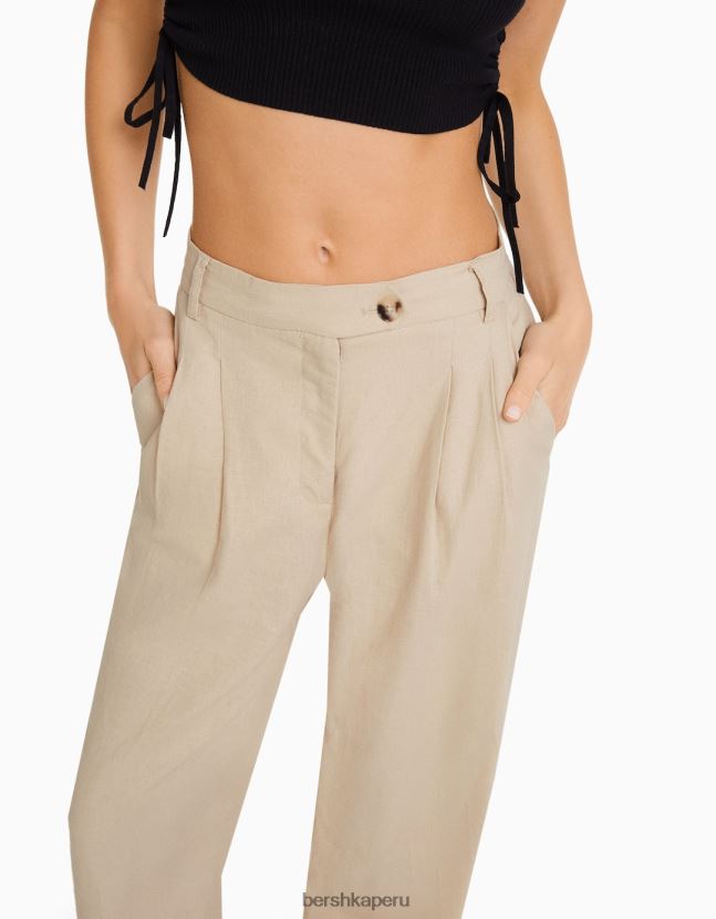 arena Bershka mujer Pantalón básico de pernera ancha en mezcla de lino con cinturilla elástica 806J6B1436