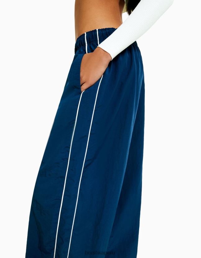 azul Bershka mujer pantalones de nailon con ribetes laterales 806J6B1474