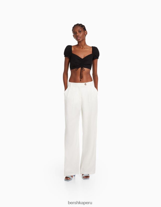 blanco Bershka mujer Pantalón básico de pernera ancha en mezcla de lino con cinturilla elástica 806J6B1405