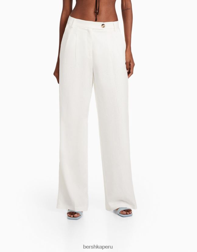 blanco Bershka mujer Pantalón básico de pernera ancha en mezcla de lino con cinturilla elástica 806J6B1405