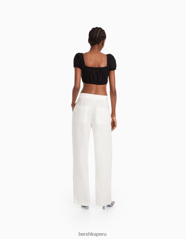 blanco Bershka mujer Pantalón básico de pernera ancha en mezcla de lino con cinturilla elástica 806J6B1405