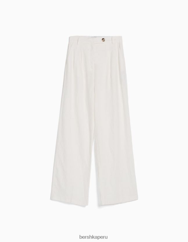 blanco Bershka mujer Pantalón básico de pernera ancha en mezcla de lino con cinturilla elástica 806J6B1405