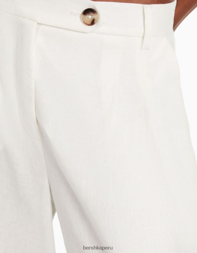 blanco Bershka mujer Pantalón básico de pernera ancha en mezcla de lino con cinturilla elástica 806J6B1405