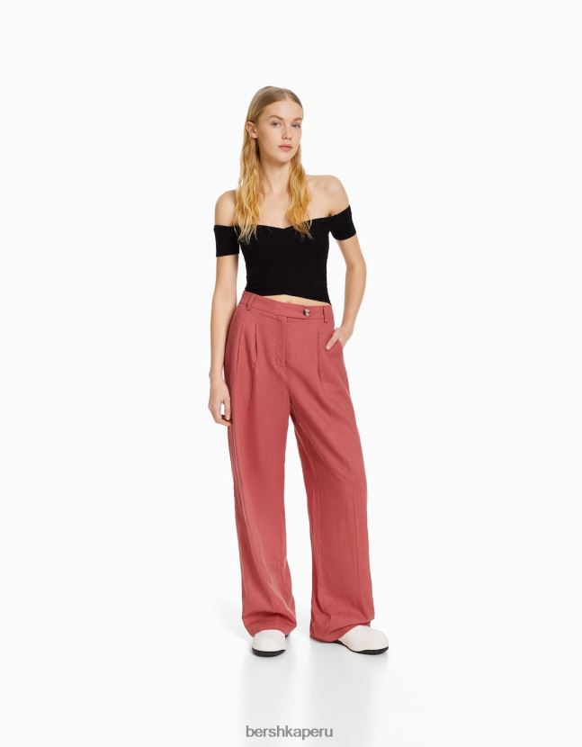 coral Bershka mujer pantalón básico ancho de lino con cinturilla elástica 806J6B1437