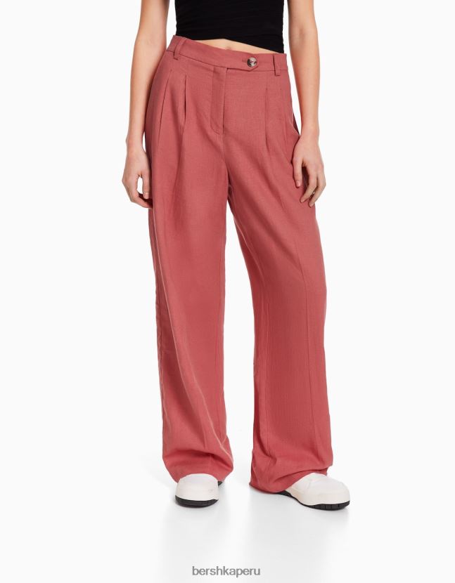 coral Bershka mujer pantalón básico ancho de lino con cinturilla elástica 806J6B1437