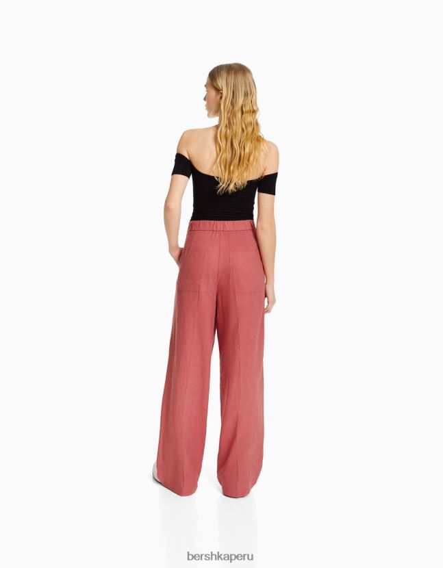coral Bershka mujer pantalón básico ancho de lino con cinturilla elástica 806J6B1437