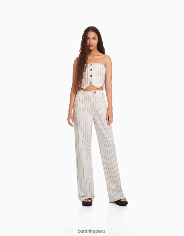 crema Bershka mujer Pantalón básico de pernera ancha en mezcla de lino con cinturilla elástica 806J6B1472