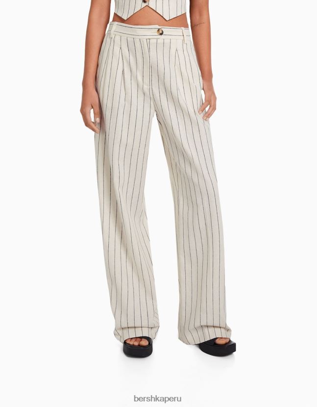 crema Bershka mujer Pantalón básico de pernera ancha en mezcla de lino con cinturilla elástica 806J6B1472