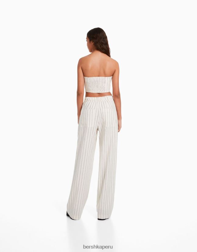crema Bershka mujer Pantalón básico de pernera ancha en mezcla de lino con cinturilla elástica 806J6B1472