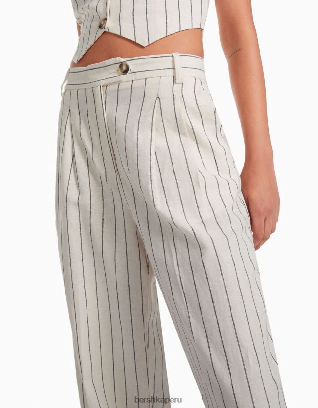 crema Bershka mujer Pantalón básico de pernera ancha en mezcla de lino con cinturilla elástica 806J6B1472