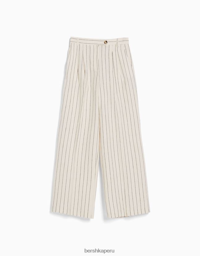 crema Bershka mujer Pantalón básico de pernera ancha en mezcla de lino con cinturilla elástica 806J6B1472