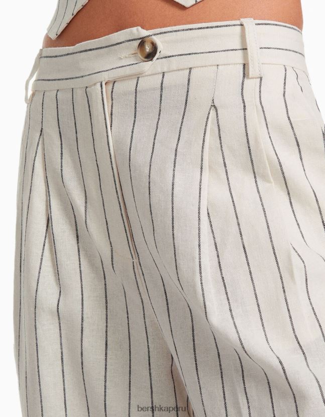crema Bershka mujer Pantalón básico de pernera ancha en mezcla de lino con cinturilla elástica 806J6B1472