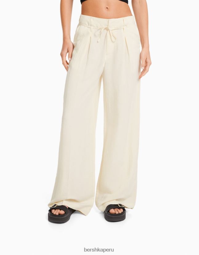 crema Bershka mujer pantalones anchos de mezcla de lino 806J6B1418