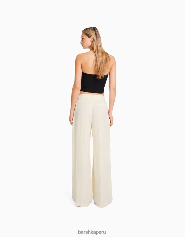 crema Bershka mujer pantalones anchos de mezcla de lino 806J6B1418