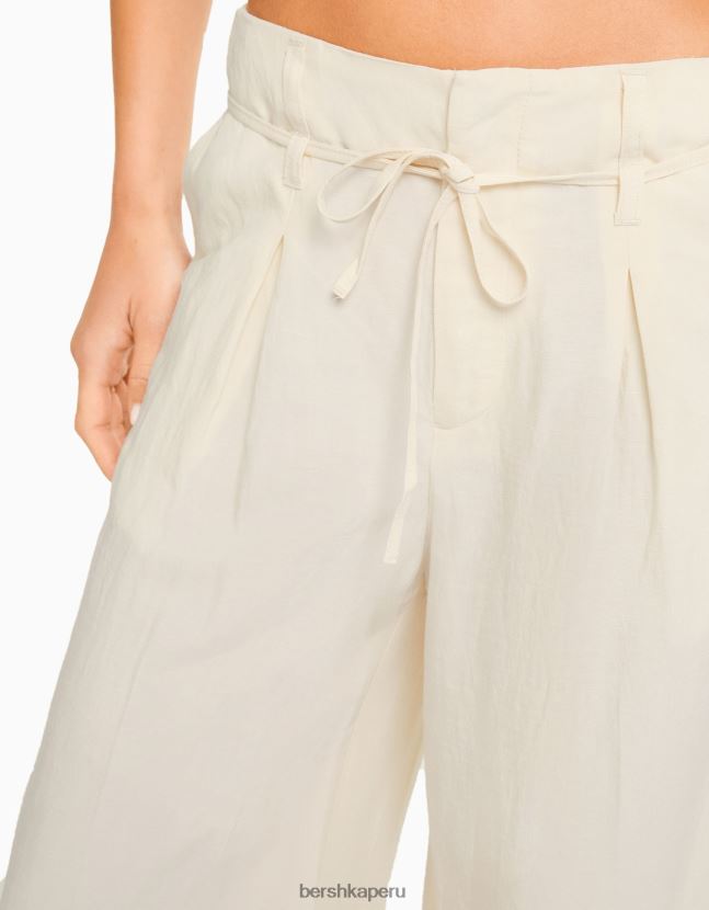 crema Bershka mujer pantalones anchos de mezcla de lino 806J6B1418