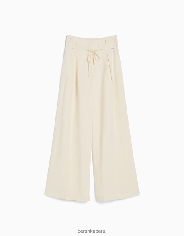 crema Bershka mujer pantalones anchos de mezcla de lino 806J6B1418