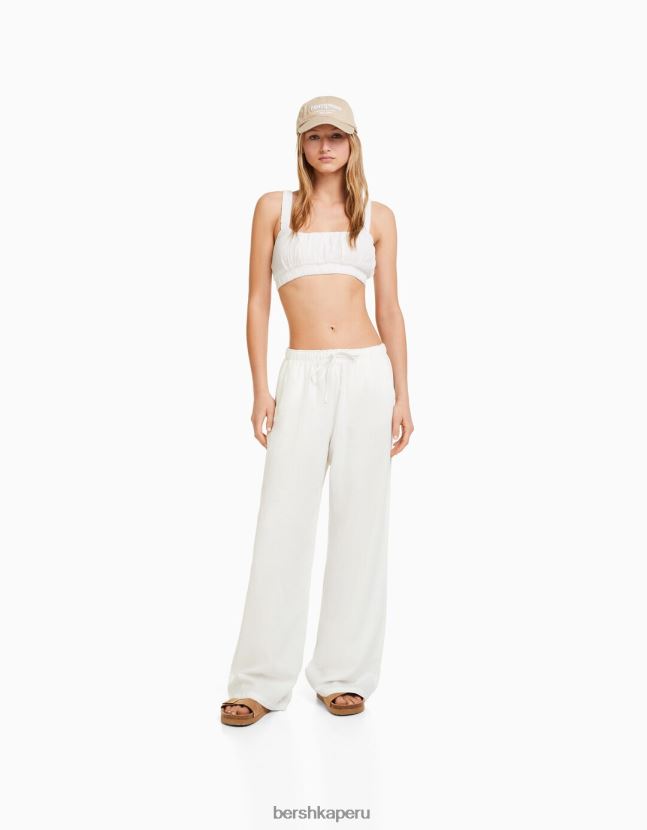 exclusivo Bershka mujer pantalones anchos de mezcla de lino con cintura fruncida 806J6B1407