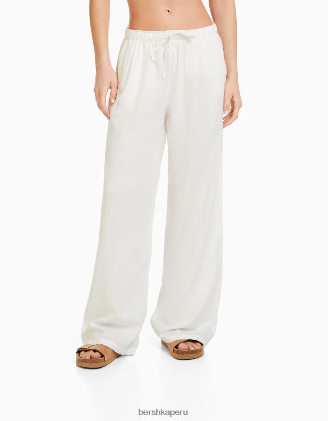 exclusivo Bershka mujer pantalones anchos de mezcla de lino con cintura fruncida 806J6B1407