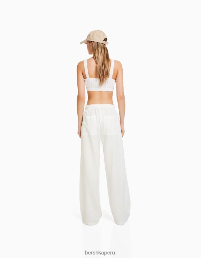 exclusivo Bershka mujer pantalones anchos de mezcla de lino con cintura fruncida 806J6B1407