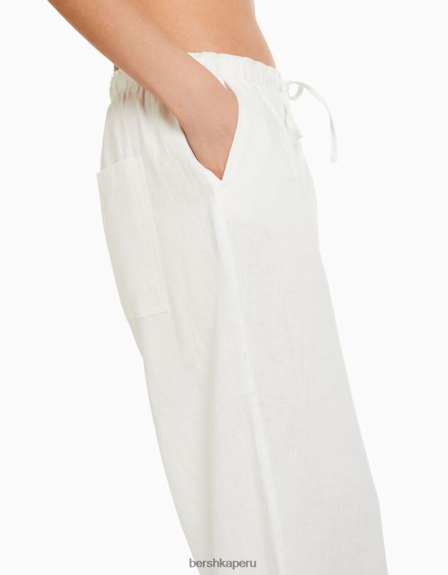 exclusivo Bershka mujer pantalones anchos de mezcla de lino con cintura fruncida 806J6B1407