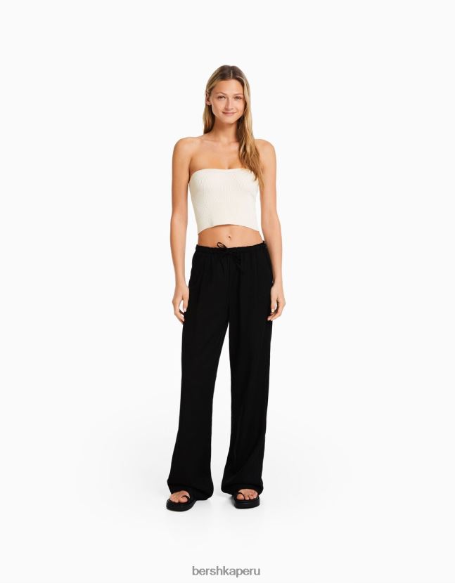 exclusivo Bershka mujer pantalones anchos de mezcla de lino con cintura fruncida 806J6B1409