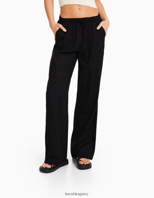 exclusivo Bershka mujer pantalones anchos de mezcla de lino con cintura fruncida 806J6B1409