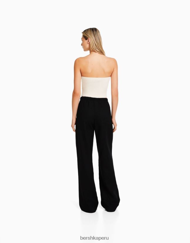 exclusivo Bershka mujer pantalones anchos de mezcla de lino con cintura fruncida 806J6B1409