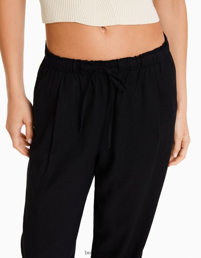 exclusivo Bershka mujer pantalones anchos de mezcla de lino con cintura fruncida 806J6B1409