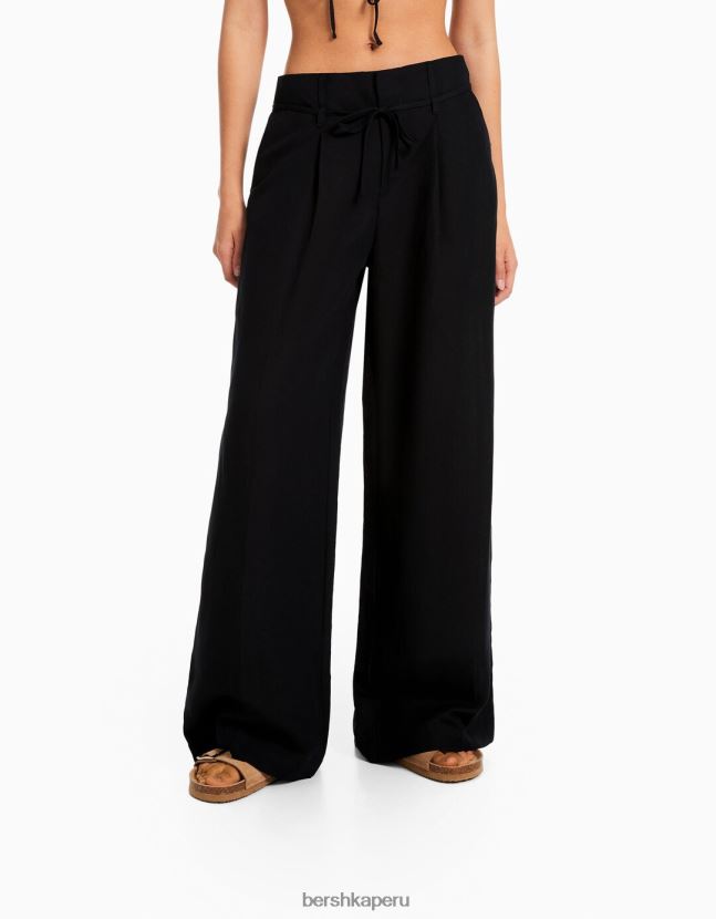 negro Bershka mujer pantalones anchos de mezcla de lino 806J6B1461