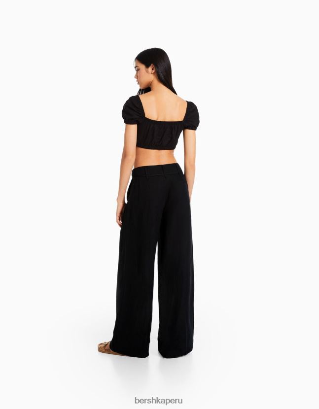 negro Bershka mujer pantalones anchos de mezcla de lino 806J6B1461
