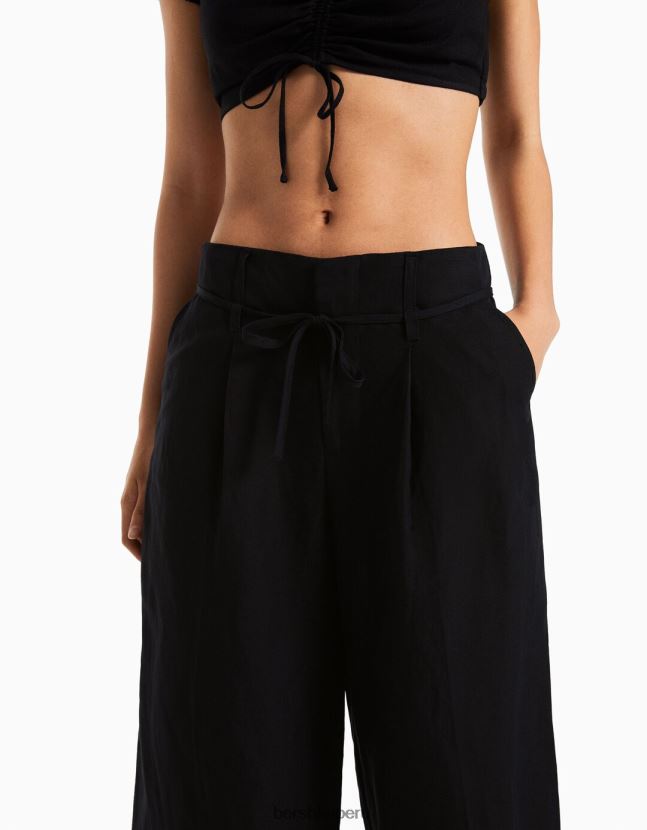 negro Bershka mujer pantalones anchos de mezcla de lino 806J6B1461