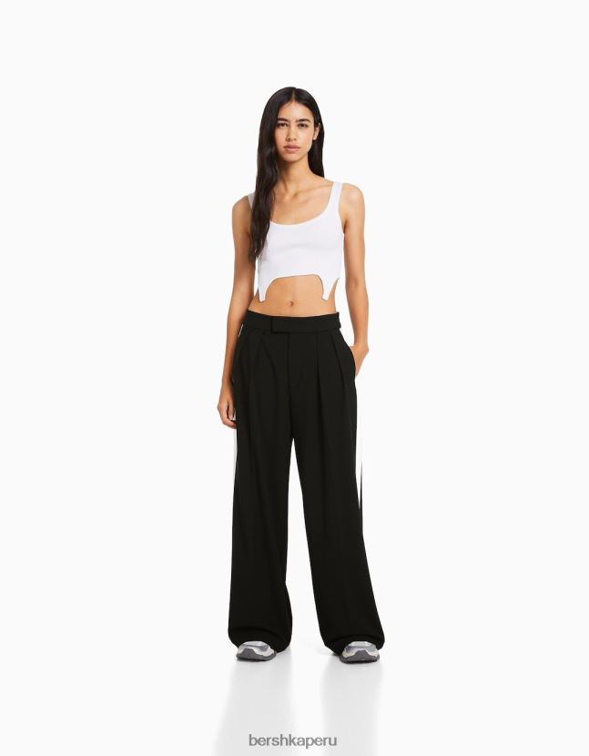 negro Bershka mujer pantalones de vestir de pernera ancha con rayas laterales 806J6B1435