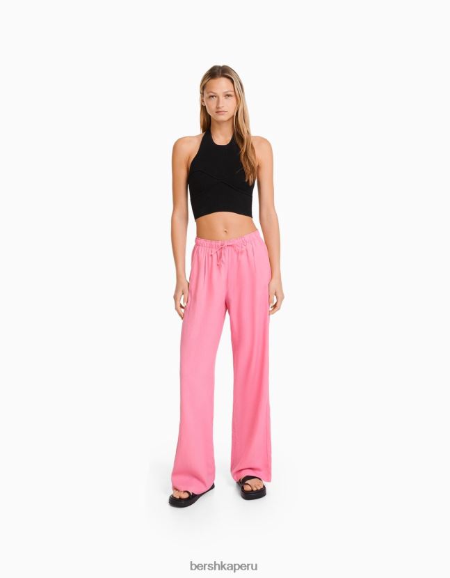 rosa Bershka mujer pantalones anchos de mezcla de lino con cintura fruncida 806J6B1456