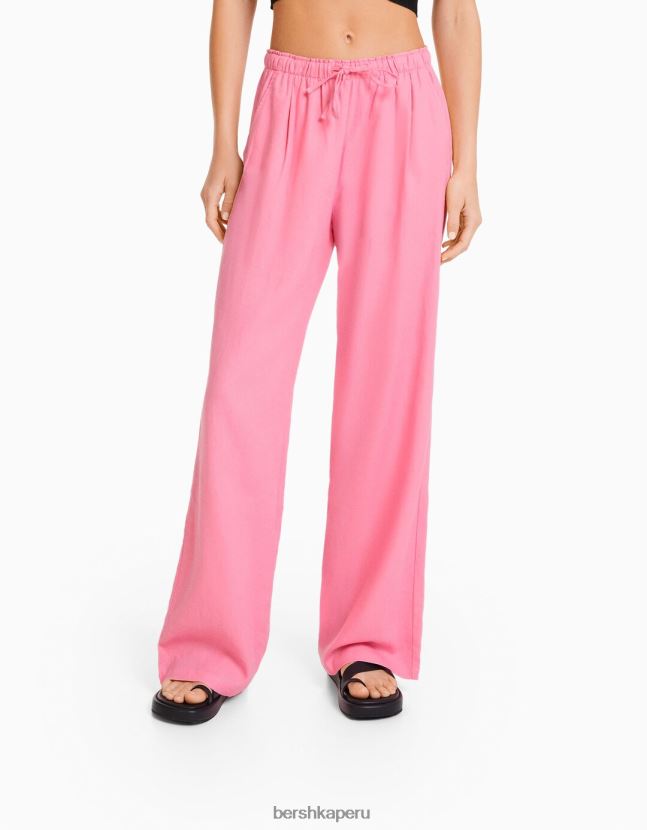 rosa Bershka mujer pantalones anchos de mezcla de lino con cintura fruncida 806J6B1456