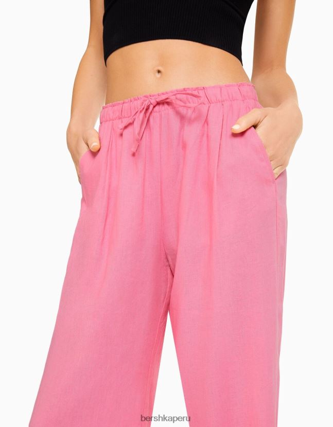 rosa Bershka mujer pantalones anchos de mezcla de lino con cintura fruncida 806J6B1456