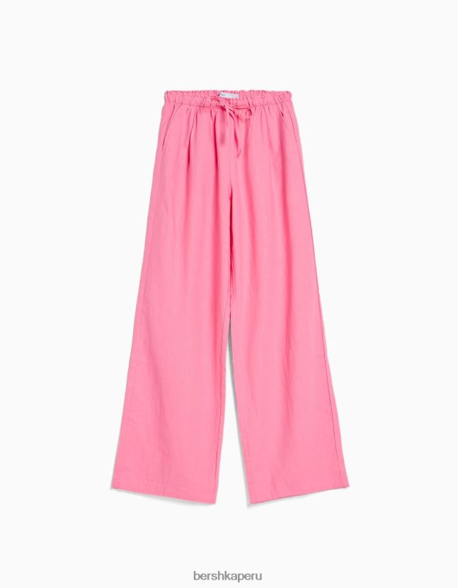 rosa Bershka mujer pantalones anchos de mezcla de lino con cintura fruncida 806J6B1456